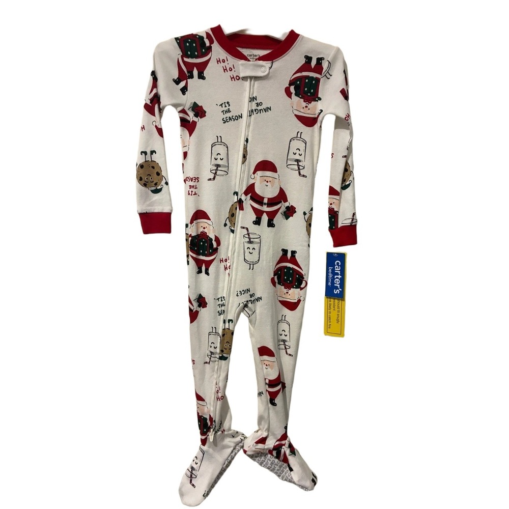 Carters Toddler 24M Christmas Santa‎ Cookies Milk Footed Pajamas White Red New